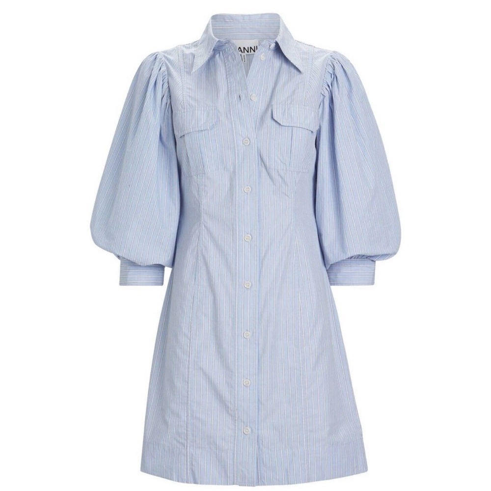 Ganni Stripe Cotton Puff-Sleeve Shirtdress